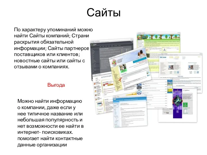 Сайты По характеру упоминаний можно найти Сайты компаний; Страницы раскрытия