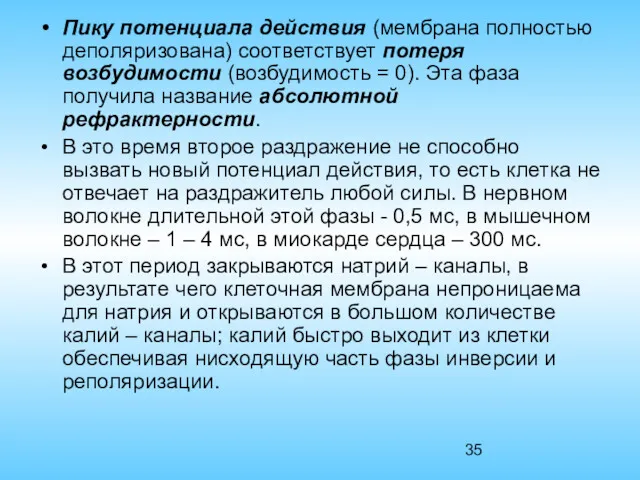 Пику потенциала действия (мембрана полностью деполяризована) соответствует потеря возбудимости (возбудимость