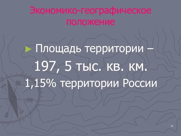 Экономико-географическое положение Площадь территории – 197, 5 тыс. кв. км. 1,15% территории России