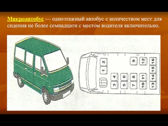 Микроавтобус — одноэтажный автобус с количеством мест для сидения не более семнадцати с местом водителя включительно.