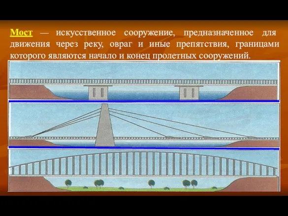 Мост — искусственное сооружение, предназначенное для движения через реку, овраг и иные препятствия,