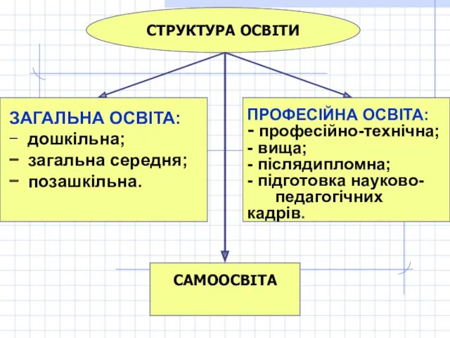 СТРУКТУРА ОСВІТИ САМООСВІТА ЗАГАЛЬНА ОСВІТА: − дошкільна; − загальна середня; − позашкільна. ПРОФЕСІЙНА