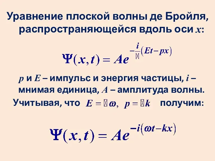 Уравнение плоской волны де Бройля, распространяющейся вдоль оси х: р