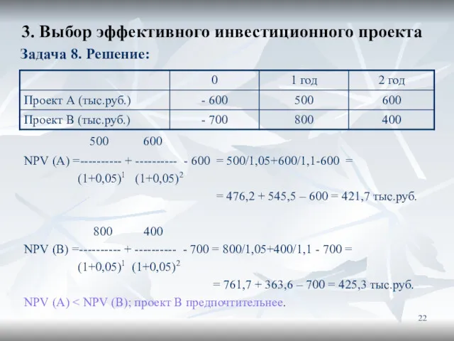 3. Выбор эффективного инвестиционного проекта Задача 8. Решение: 500 600