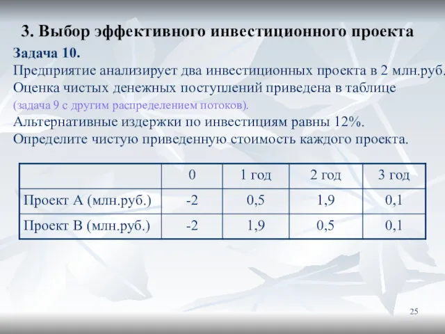 3. Выбор эффективного инвестиционного проекта Задача 10. Предприятие анализирует два