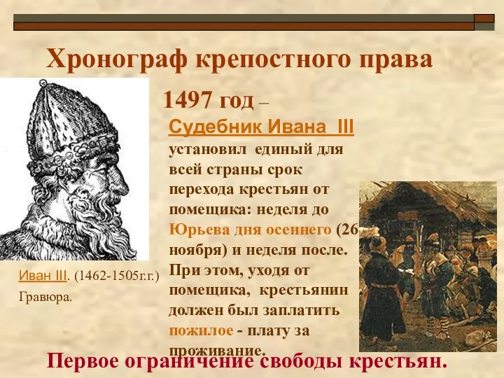 Хронограф крепостного права 1497 год – Судебник Ивана III установил