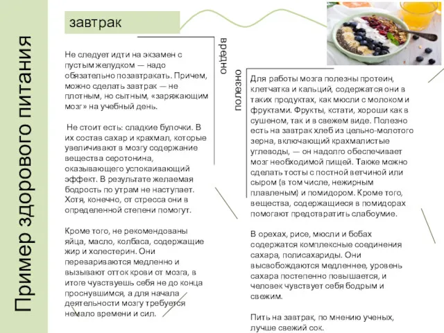 Пример здорового питания Не следует идти на экзамен с пустым