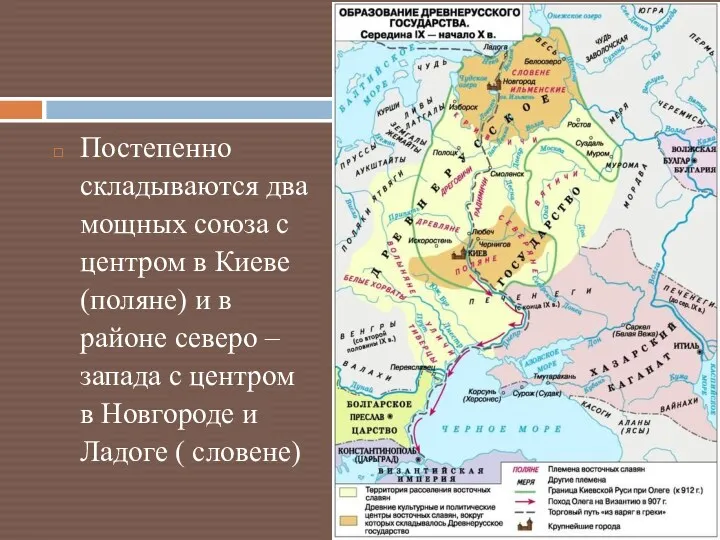 Постепенно складываются два мощных союза с центром в Киеве (поляне)