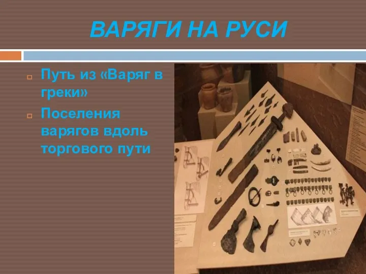 ВАРЯГИ НА РУСИ Путь из «Варяг в греки» Поселения варягов вдоль торгового пути