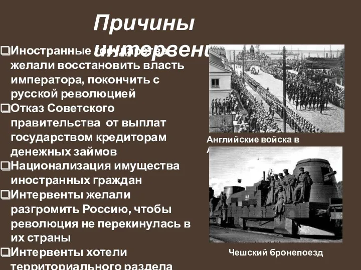 Причины интервенции Иностранные государства желали восстановить власть императора, покончить с русской революцией Отказ