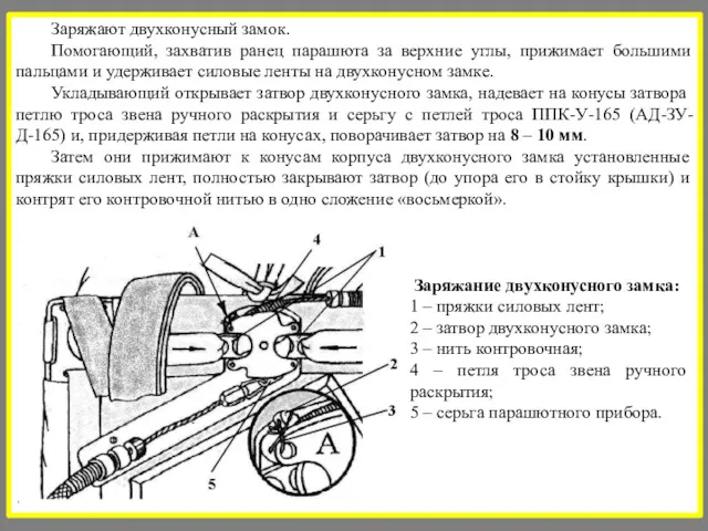 Заряжают двухконусный замок. Помогающий, захватив ранец парашюта за верхние углы,