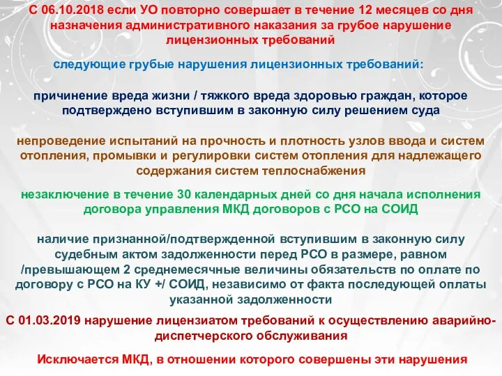 следующие грубые нарушения лицензионных требований: С 06.10.2018 если УО повторно