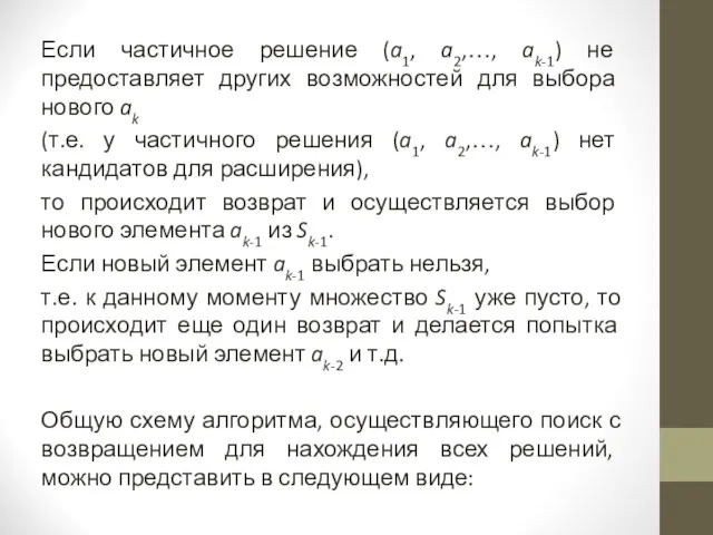 Если частичное решение (a1, a2,…, ak-1) не предоставляет других возможностей