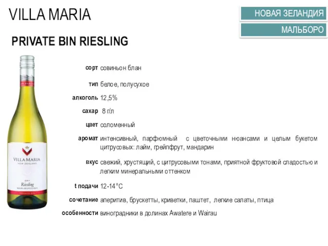 PRIVATE BIN RIESLING VILLA MARIA МАЛЬБОРО НОВАЯ ЗЕЛАНДИЯ