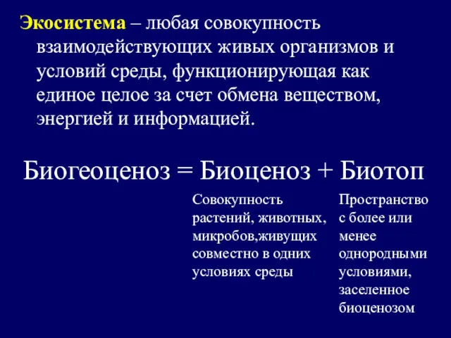 Биогеоценоз = Биоценоз + Биотоп Экосистема – любая совокупность взаимодействующих