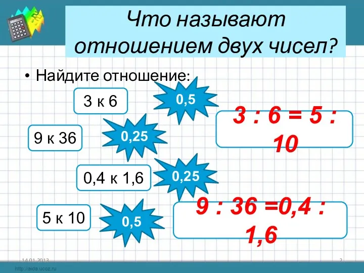 Что называют отношением двух чисел? Найдите отношение: 14.01.2013 3 к