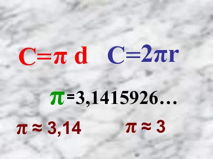 C= π d 2πr C= 3,1415926… π = π ≈ 3,14 π ≈ 3