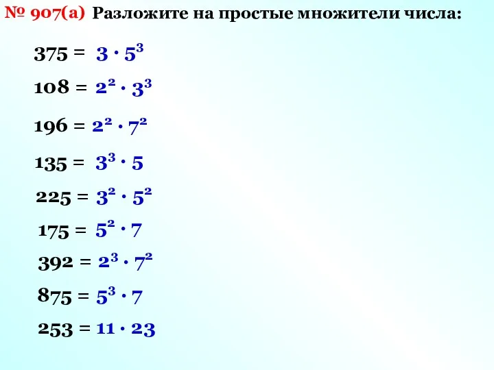 № 907(а) Разложите на простые множители числа: 375 = 108