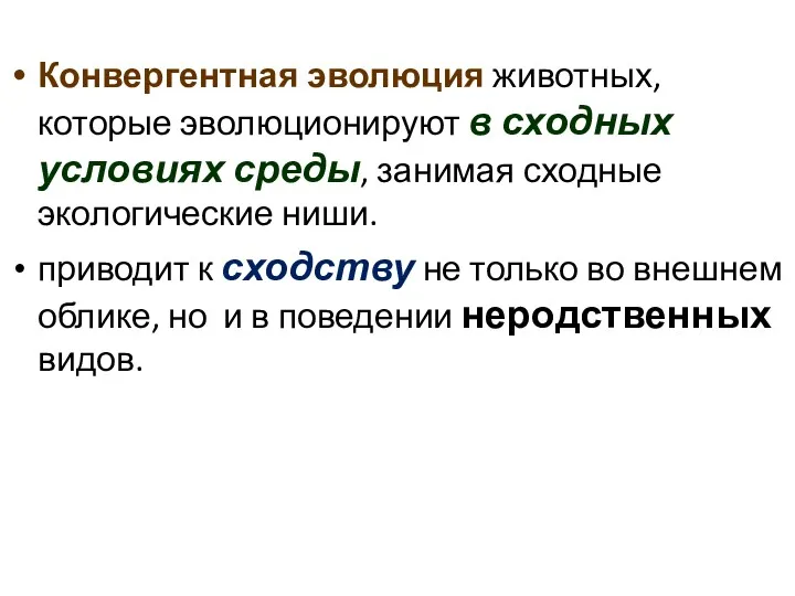 Конвергентная эволюция животных, которые эволюционируют в сходных условиях среды, занимая