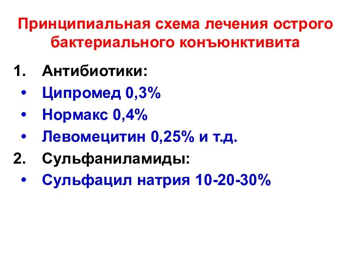 Принципиальная схема лечения острого бактериального конъюнктивита Антибиотики: Ципромед 0,3% Нормакс