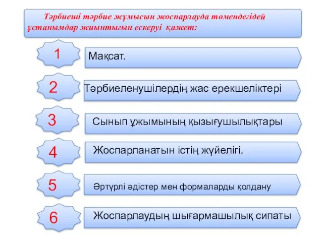 Тәрбиеші тәрбие жұмысын жоспарлауда төмендегідей ұстанымдар жиынтығын ескеруі қажет: 2