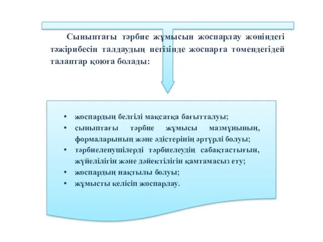 Сыныптағы тәрбие жұмысын жоспарлау жөніндегі тәжірибесін талдаудың негізінде жоспарға төмендегідей