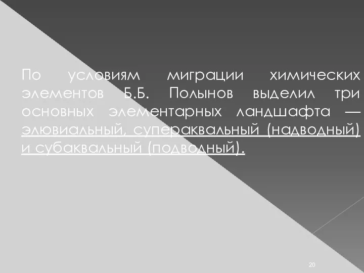 По условиям миграции химических элементов Б.Б. Полынов выделил три основных