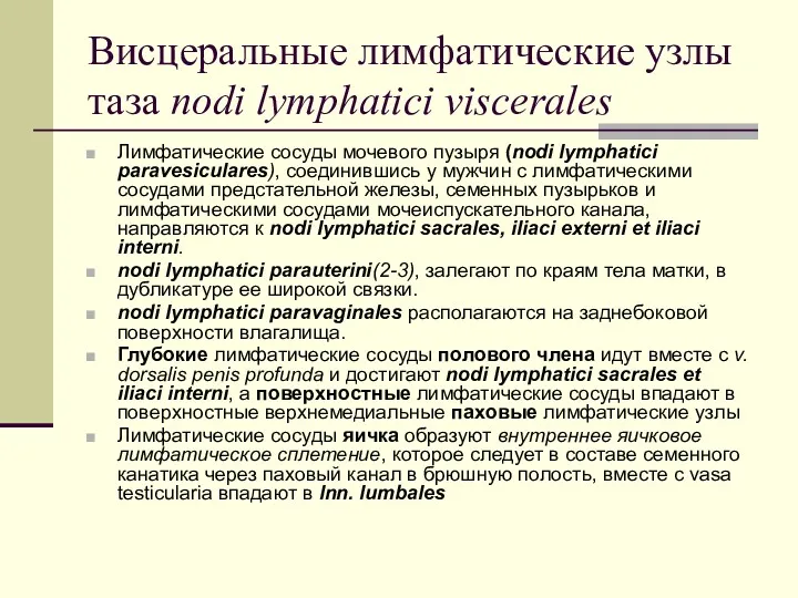 Висцеральные лимфатические узлы таза nodi lymphatici viscerales Лимфатические сосуды мочевого