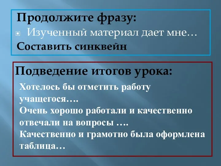 Продолжите фразу: Изученный материал дает мне… Составить синквейн Подведение итогов