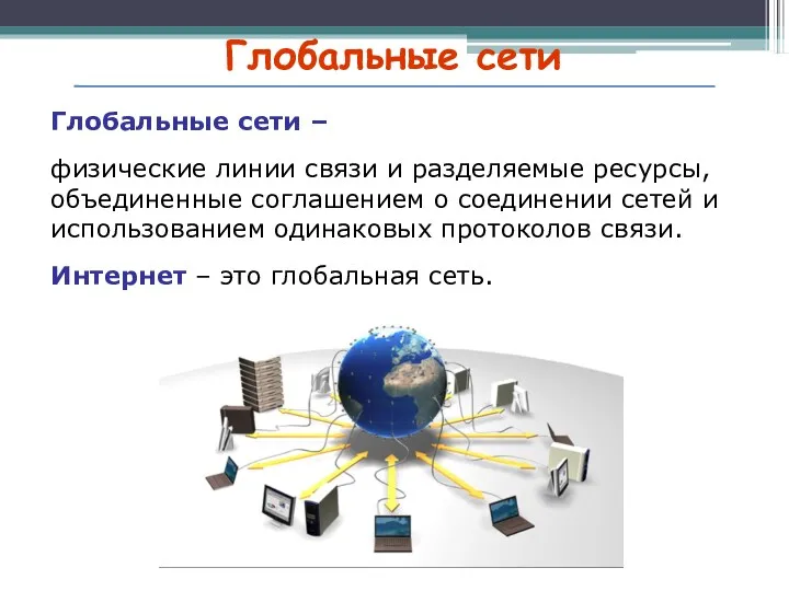 Глобальные сети Глобальные сети – физические линии связи и разделяемые ресурсы, объединенные соглашением