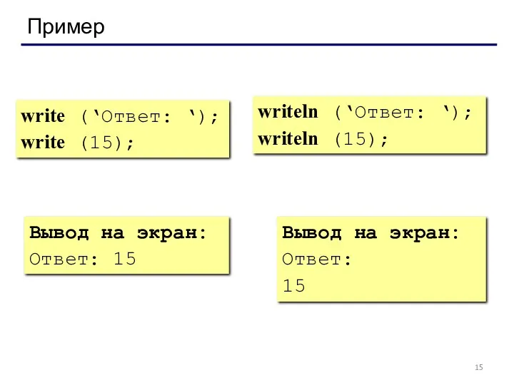 Пример write (‘Ответ: ‘); write (15); writeln (‘Ответ: ‘); writeln (15); Вывод на