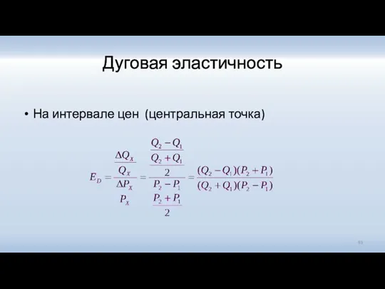 Дуговая эластичность На интервале цен (центральная точка)