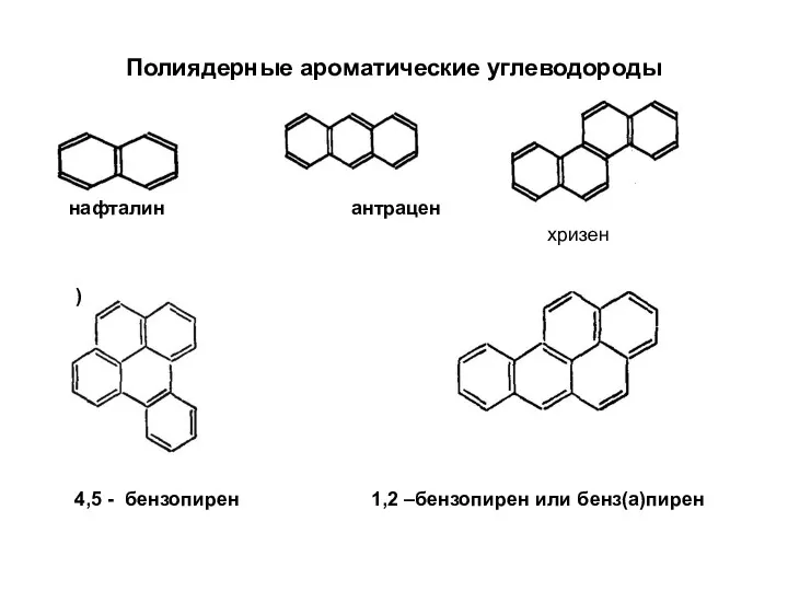 Полиядерные ароматические углеводороды нафталин антрацен хризен ) 4,5 - бензопирен 1,2 –бензопирен или бенз(а)пирен