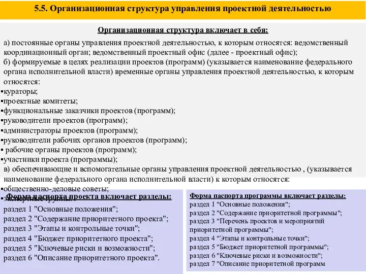 Форма паспорта проекта включает разделы: раздел 1 "Основные положения"; раздел