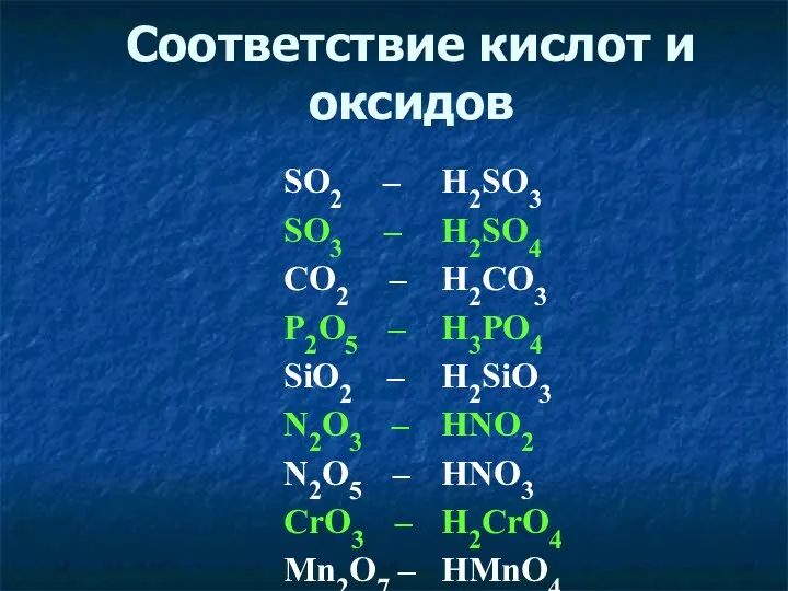 Соответствие кислот и оксидов SO2 – H2SO3 SO3 – H2SO4