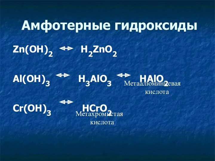 Амфотерные гидроксиды Zn(OH)2 H2ZnO2 Al(OH)3 H3AlO3 HAlO2 Cr(OH)3 HCrO2 Метаалюминиевая кислота Метахромистая кислота