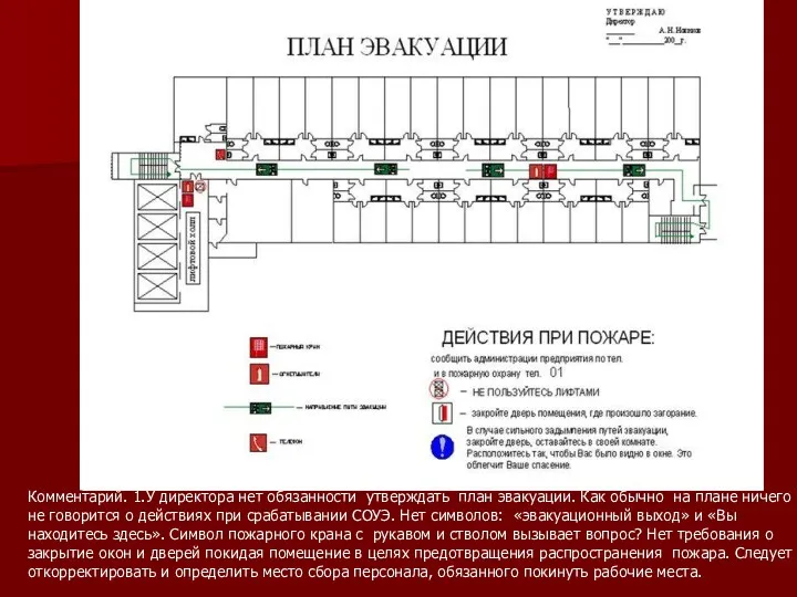 Комментарий. 1.У директора нет обязанности утверждать план эвакуации. Как обычно