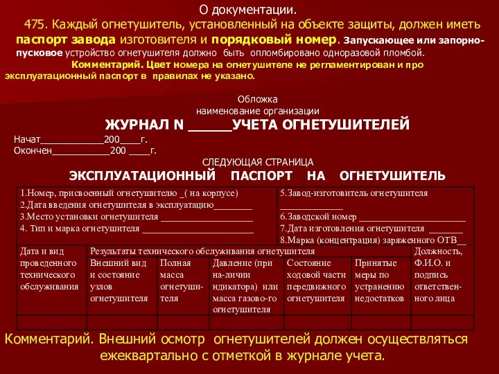 О документации. 475. Каждый огнетушитель, установленный на объекте защиты, должен