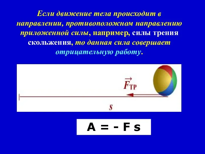 A = - F s Если движение тела происходит в направлении, противоположном направлению