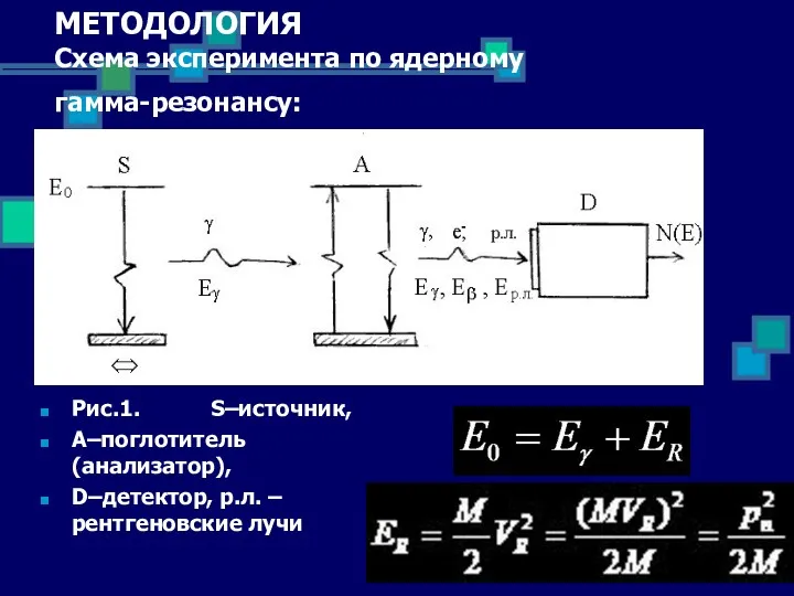 МЕТОДОЛОГИЯ Схема эксперимента по ядерному гамма-резонансу: Рис.1. S–источник, А–поглотитель (анализатор), D–детектор, р.л. – рентгеновские лучи