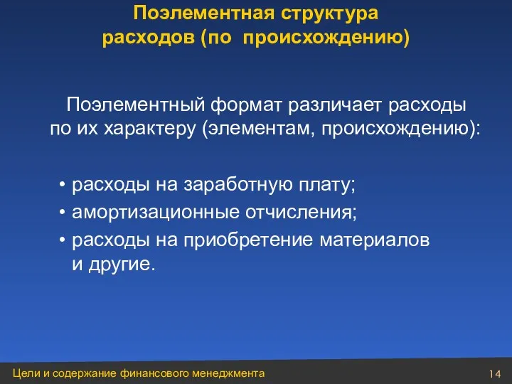 Поэлементный формат различает расходы по их характеру (элементам, происхождению): расходы