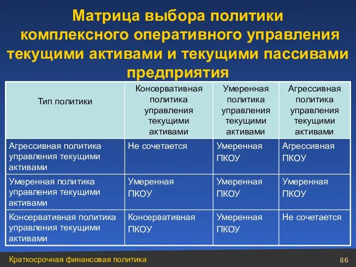 Матрица выбора политики комплексного оперативного управления текущими активами и текущими пассивами предприятия