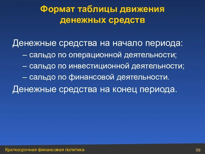 Денежные средства на начало периода: сальдо по операционной деятельности; сальдо