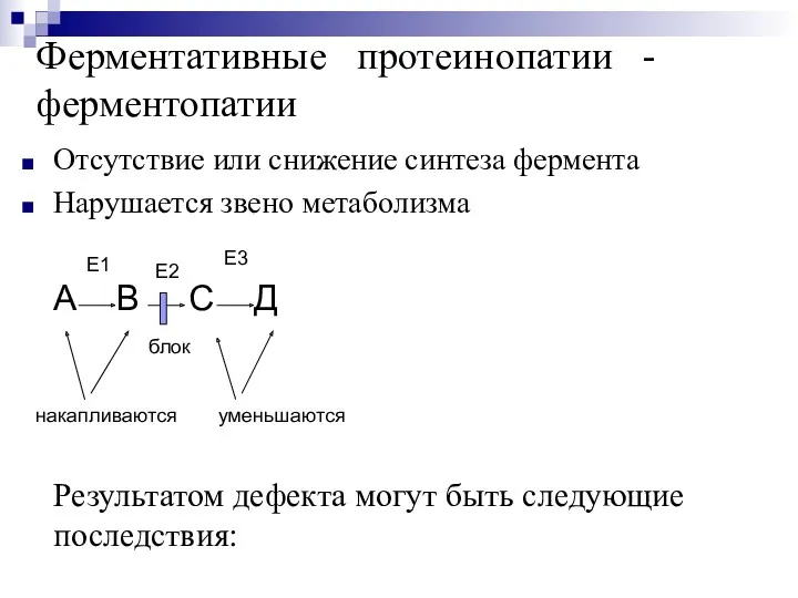 Ферментативные протеинопатии - ферментопатии Отсутствие или снижение синтеза фермента Нарушается