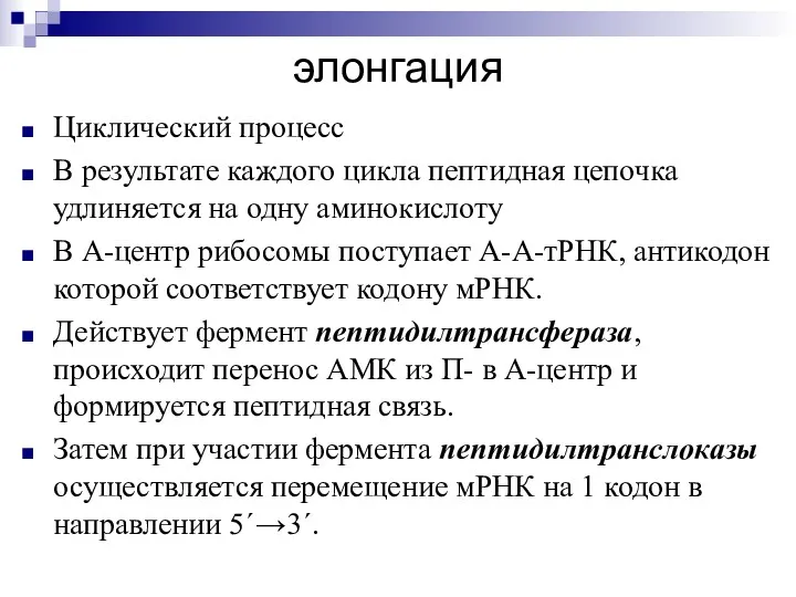 элонгация Циклический процесс В результате каждого цикла пептидная цепочка удлиняется