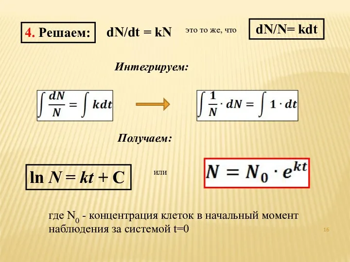 Интегрируем: Получаем: ln N = kt + C или где