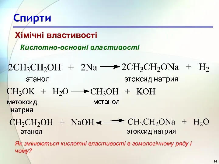 Спирти Кислотно-основні властивості Хімічні властивості Як змінюються кислотні властивості в гомологічному ряду і чому?