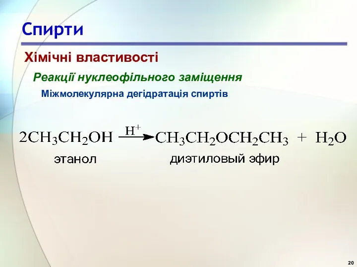 Спирти Реакції нуклеофільного заміщення Міжмолекулярна дегідратація спиртів Хімічні властивості