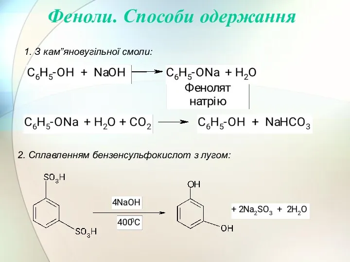 1. З кам”яновугільної смоли: 2. Сплавленням бензенсульфокислот з лугом: Феноли. Способи одержання