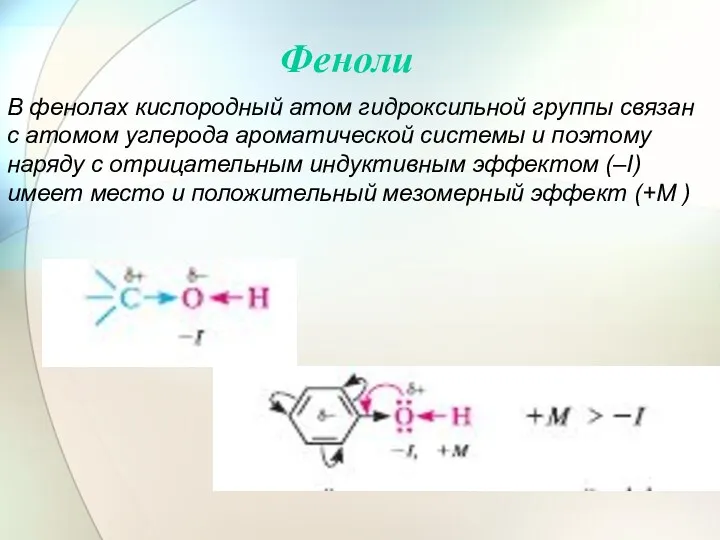 Феноли В фенолах кислородный атом гидроксильной группы связан с атомом